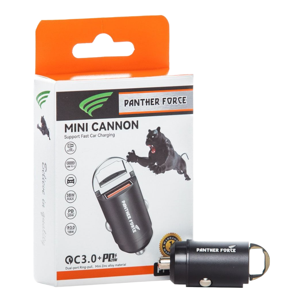 Panther Force Mini-Cannon Type-C + USB-A 20W Car Charger - PF180 - Dual Charging Ports, Fast Charging, Compact Design, Universal Compatibility Panther Force Mini-Cannon Type-C + USB-A 20W Car Charger - PF180 - Dual Charging Ports, Fast Charging, Compact Design, Universal Compatibility